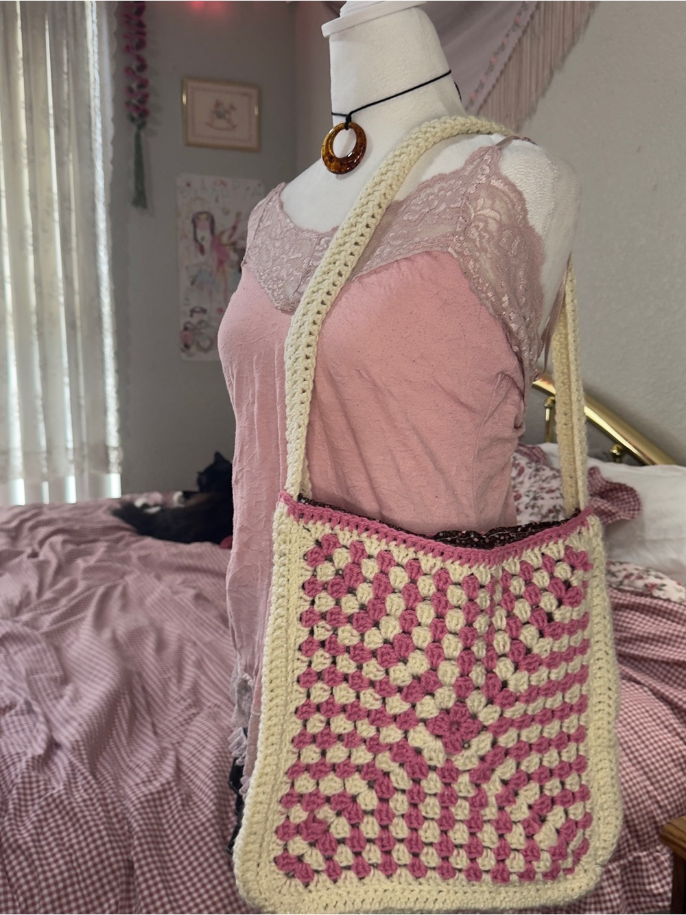 Cream and Pink Crochet Shoulder Bag - Handmade Boho Style - Picture 5 of 9